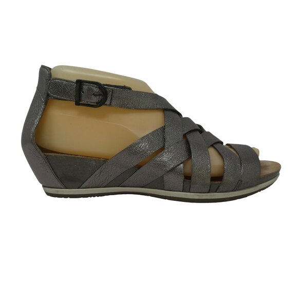 Dansko Viviam Pewter Silver Metallic Leather Open Toe Strappy Wedge Sandals - Picture 2 of 13